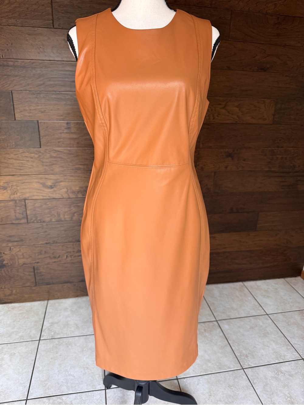 Calvin Klein Faux Leather Midi Sheath Dress in Orange